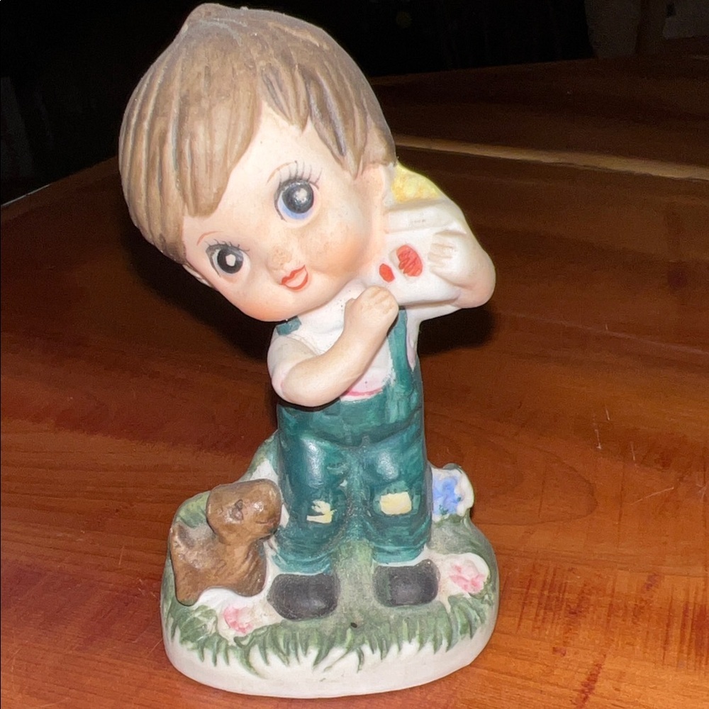 MCM Little Boy And Dog Decorative Ceramic Figurine Statue 4” Kid Decor Vintage